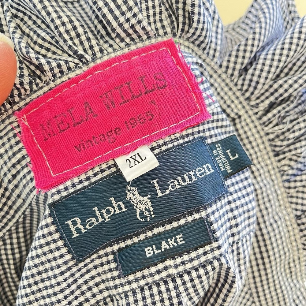 Upcycled Re-worked Ralph Lauren Blake Black Micro Check Ruffle Collar Shirt XXL - Picture 6 of 9